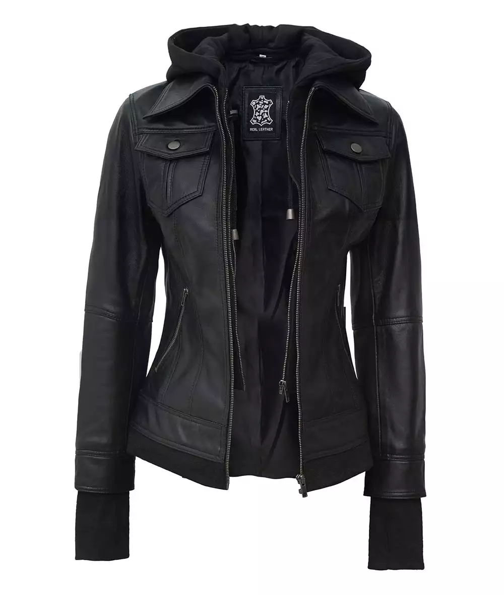 Womens Black Bomber Leather Jacket with Removable Hood